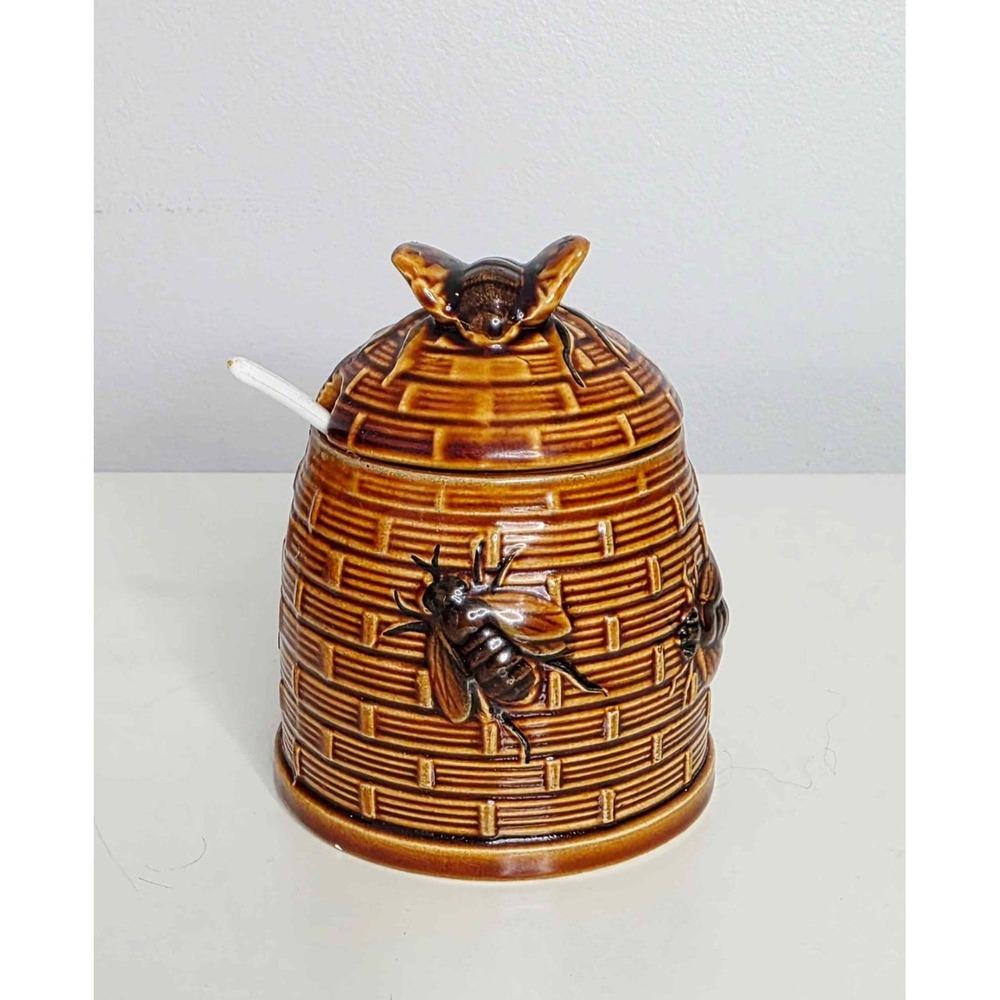 Vintage 1970s Ceramic Honey Bee Pot with Lid and Plastic Spoon